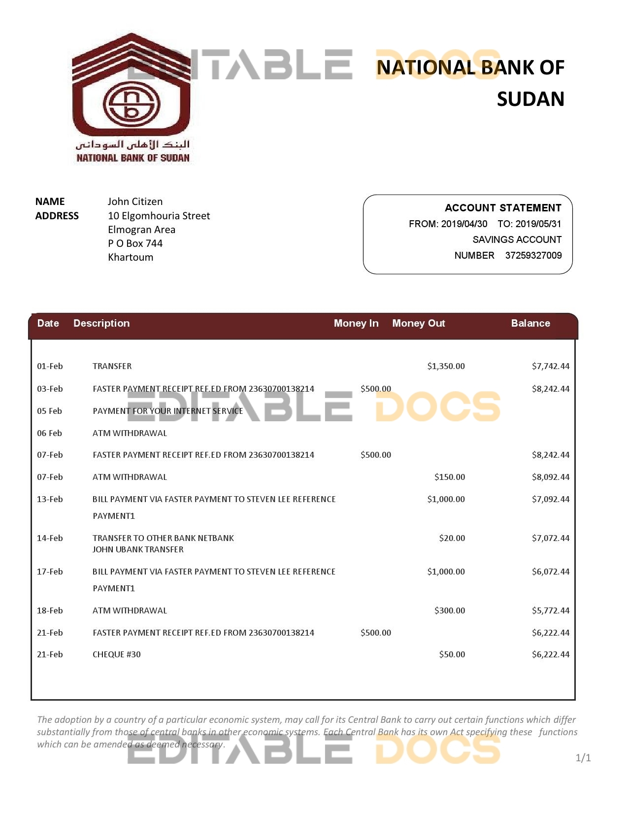 Sudan National Bank of Sudan bank statement template in Word and PDF format