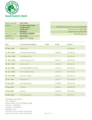 Sudan Saudi Sudanese Bank proof of address statement template in Word and PDF format