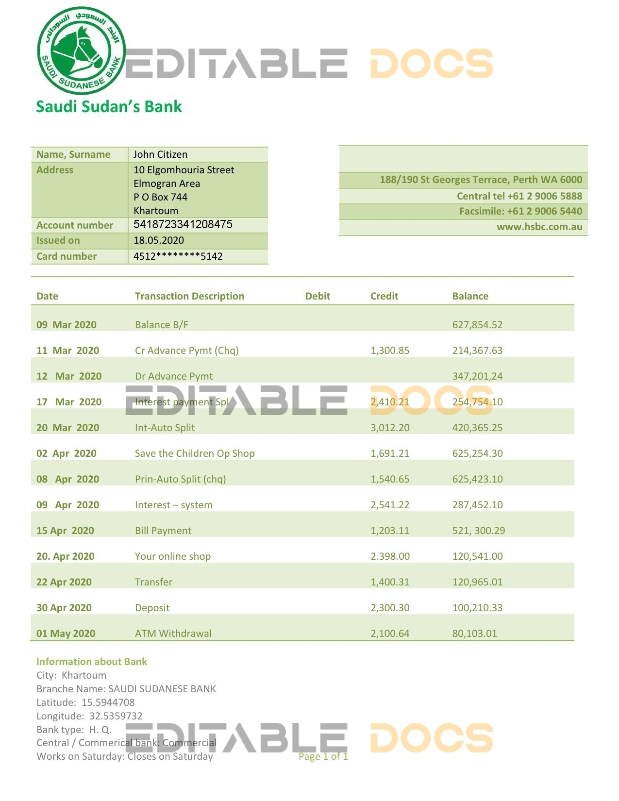Sudan Saudi Sudanese Bank proof of address statement template in Word and PDF format