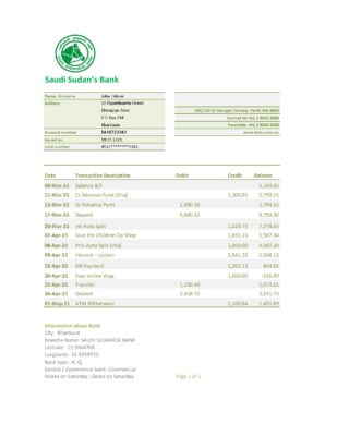Sudan Saudi Sudanese Bank statement easy to fill template in .xls and .pdf file format