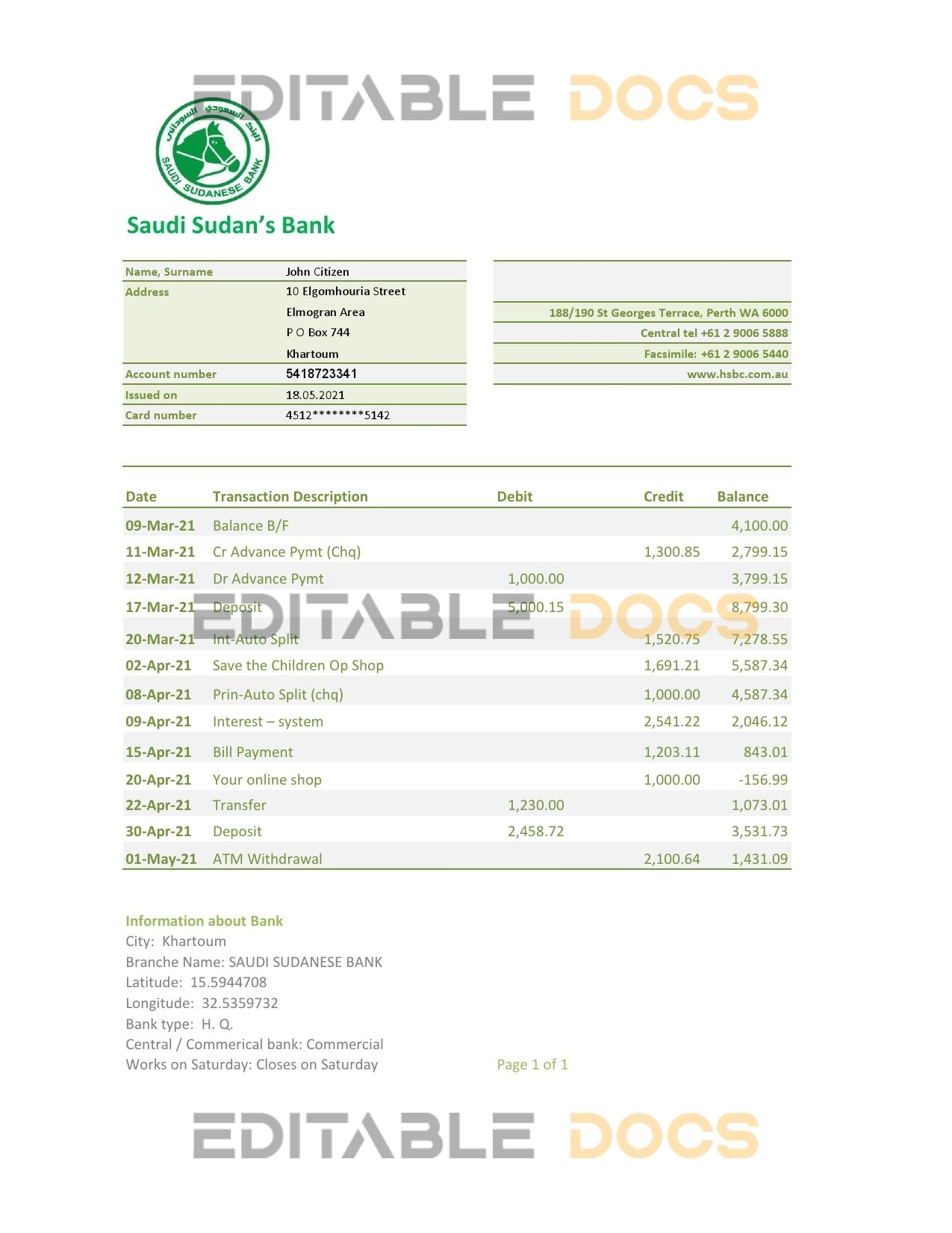 Sudan Saudi Sudanese Bank statement easy to fill template in .xls and .pdf file format