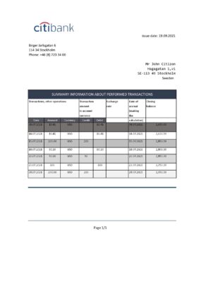 Sweden Citibank bank statement easy to fill template in Excel and PDF format