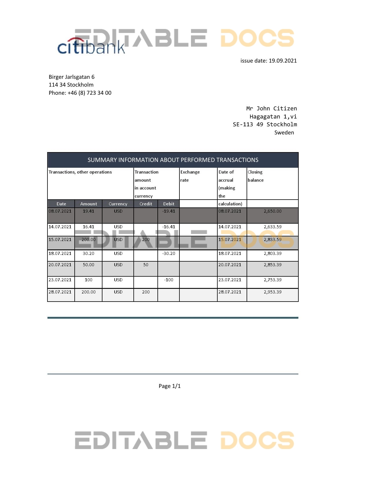 Sweden Citibank bank statement easy to fill template in Excel and PDF format