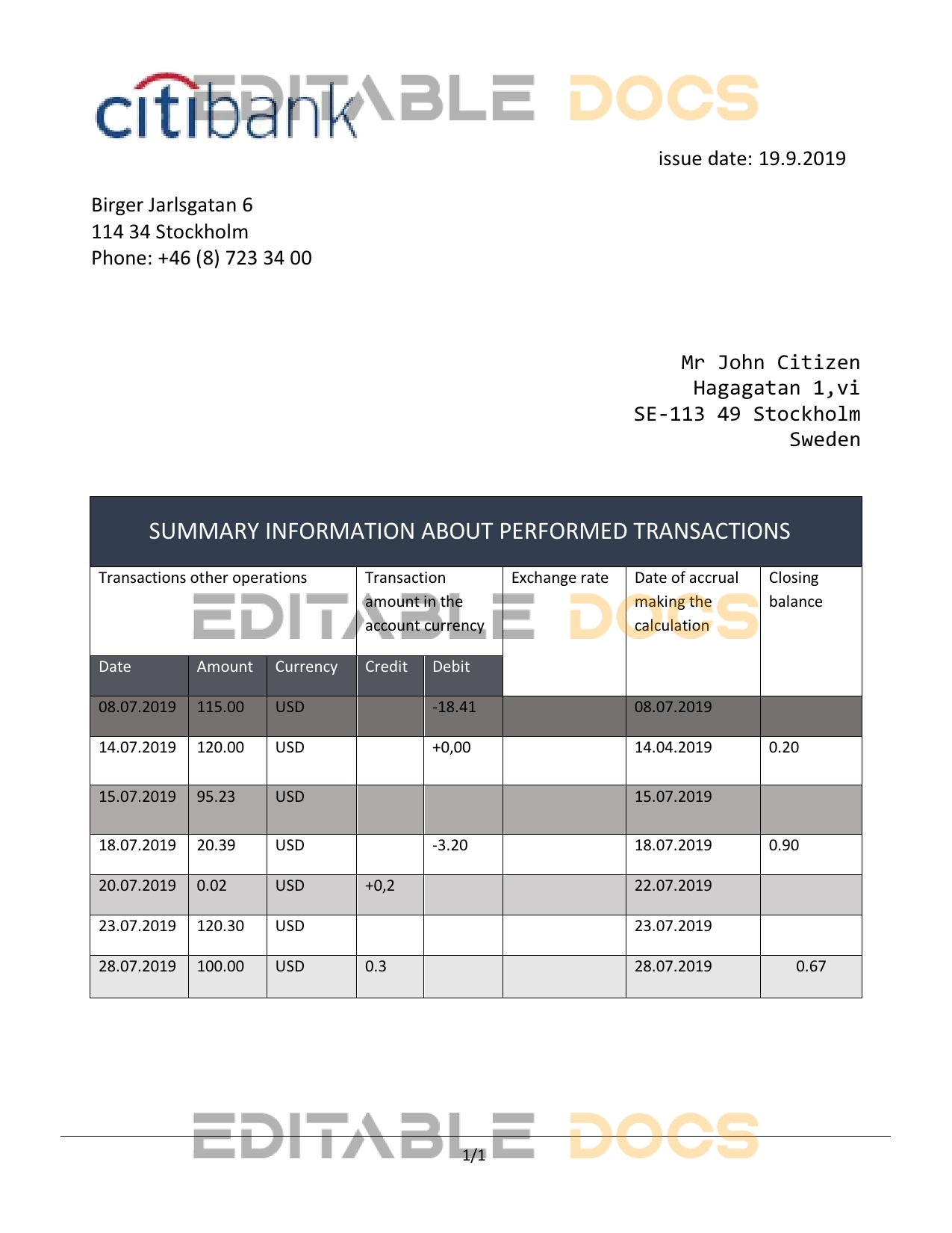 Sweden Citibank statement easy to fill template in .doc and .pdf format, fully editable