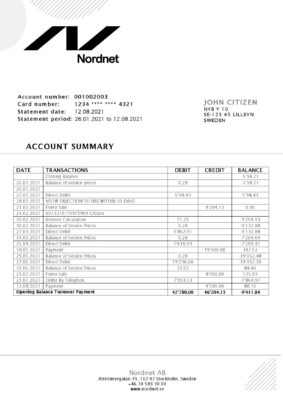 Sweden Nordnet AB bank statement easy to fill template in .doc and .pdf format, fully editable