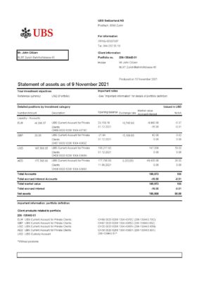 Switzerland UBS bank statement template in .xls and .pdf file format, Version 2