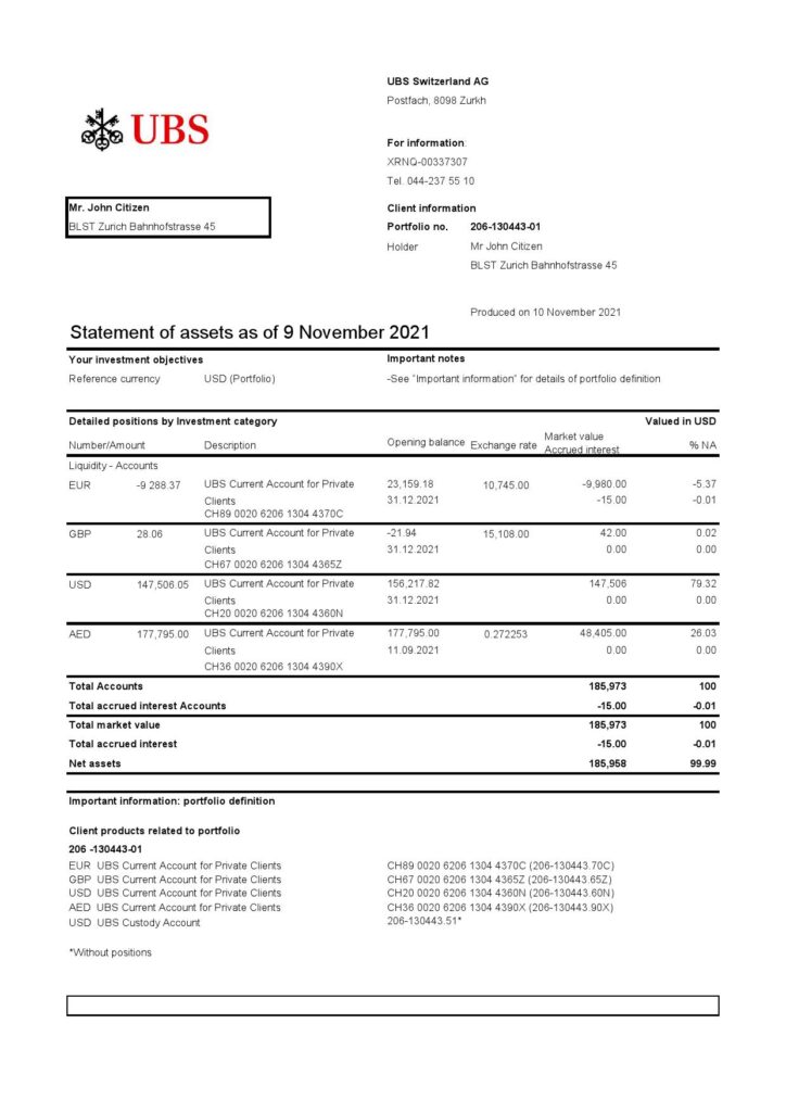 Switzerland UBS bank statement template in .xls and .pdf file format, Version 2
