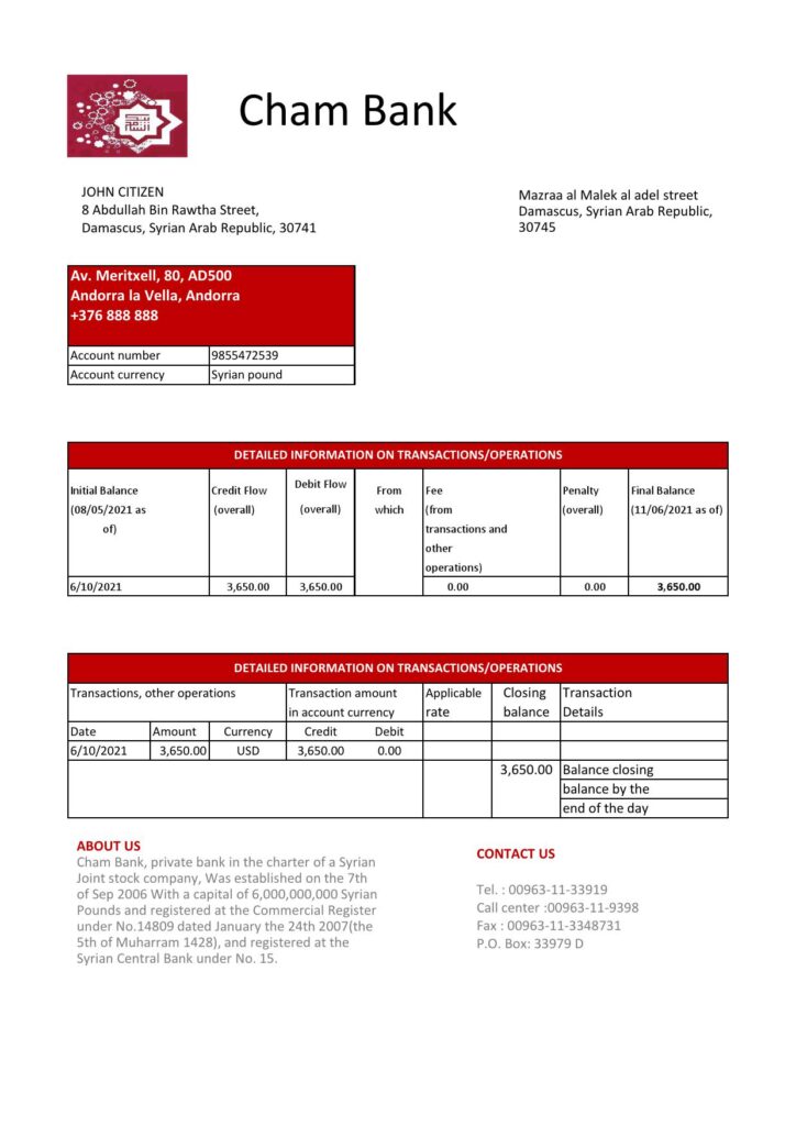 Syria Cham Bank proof of address statement template in Excel and PDF format, .xls and .pdf format