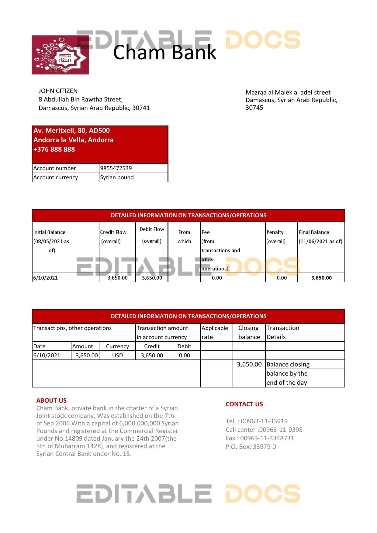 Syria Cham Bank proof of address statement template in Excel and PDF format, .xls and .pdf format