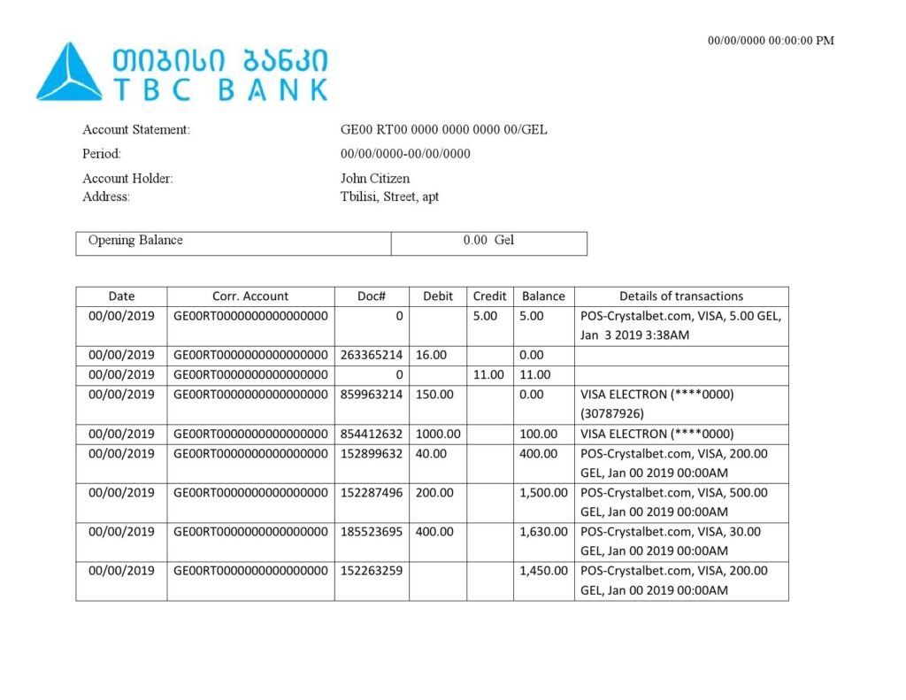 Georgia TBC bank proof of address statement template in Word and PDF format, fully editable