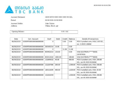 Georgia TBC bank proof of address statement template in Word and PDF format, fully editable