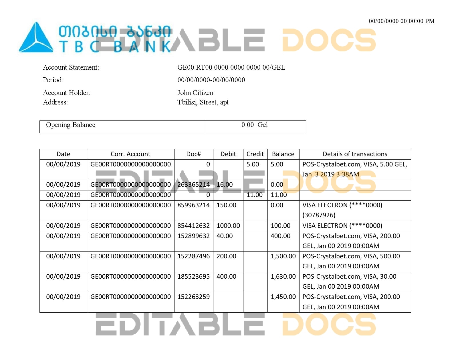 Georgia TBC bank proof of address statement template in Word and PDF format, fully editable