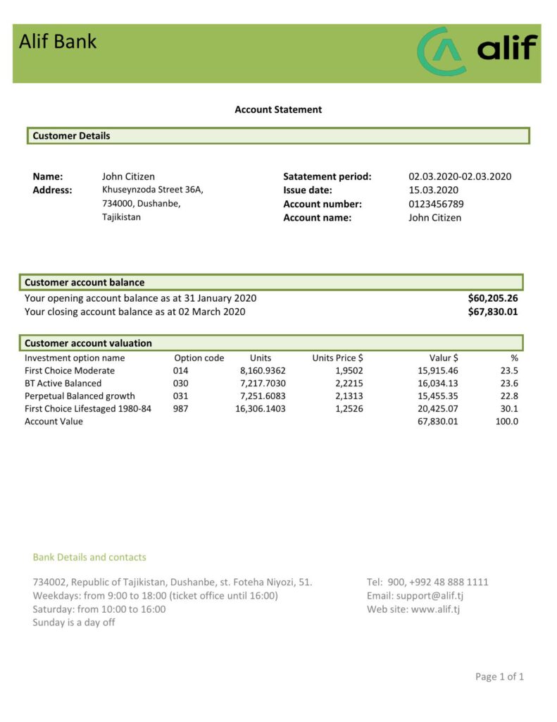 Tajikistan Alif Bank statement template, Word and PDF format (.doc and .pdf)