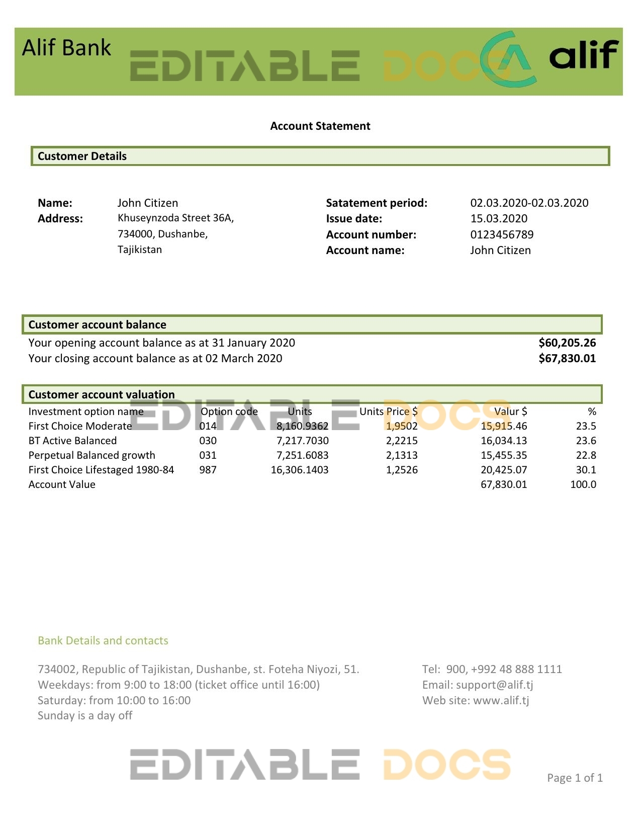 Tajikistan Alif Bank statement template, Word and PDF format (.doc and .pdf)