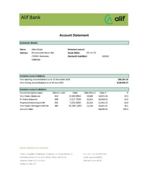 Tajikistan Alif Bank statement template in Excel and PDF format