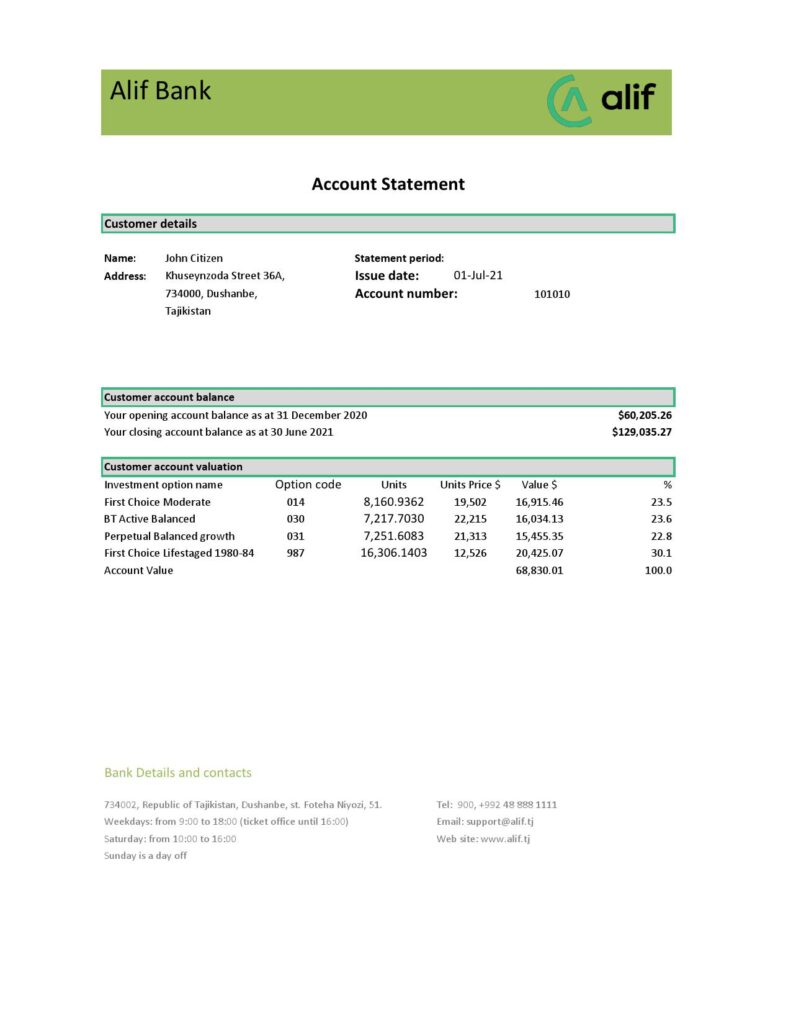 Tajikistan Alif Bank statement template in Excel and PDF format