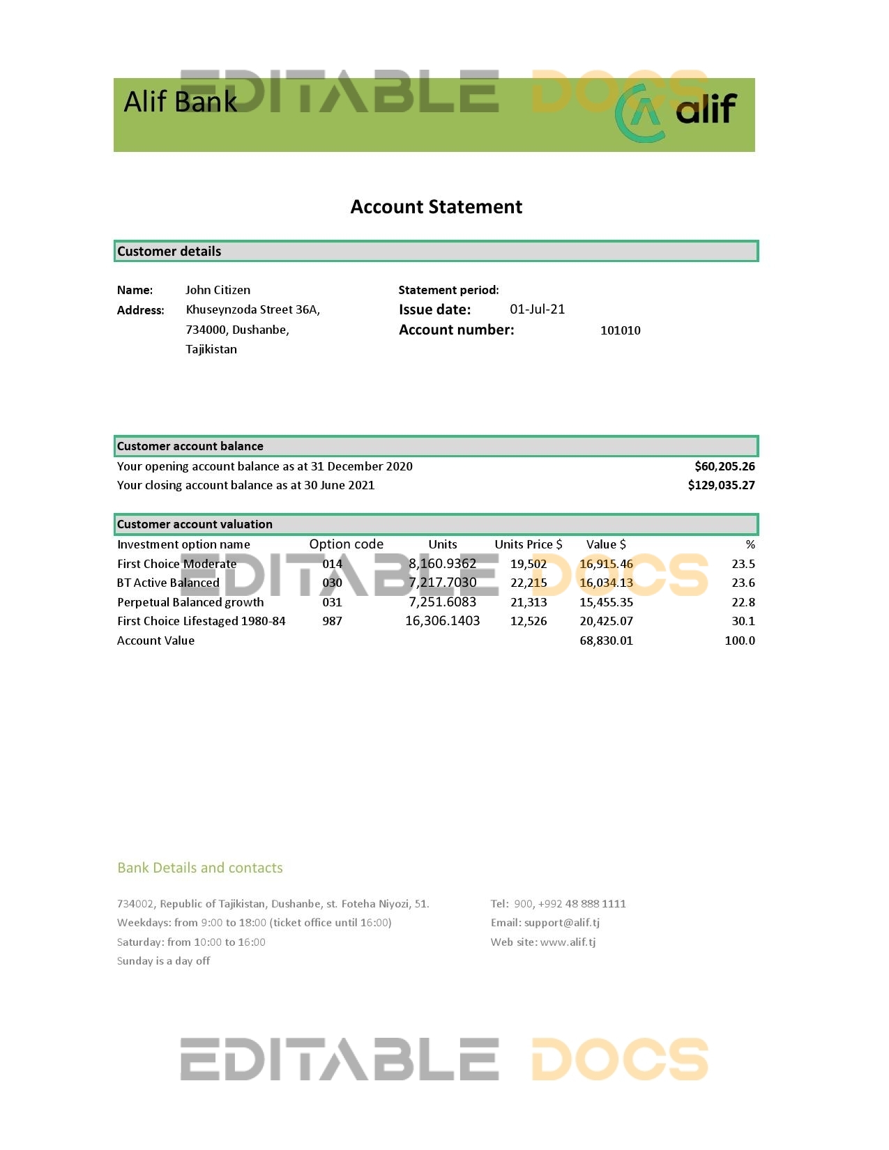 Tajikistan Alif Bank statement template in Excel and PDF format