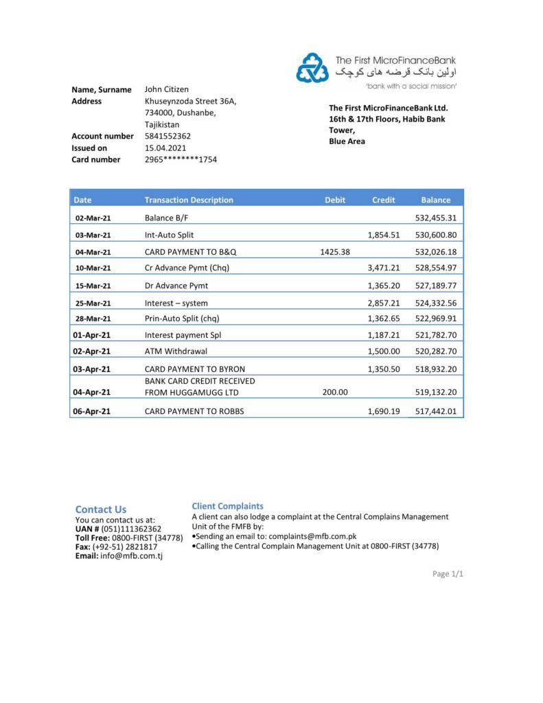 Tajikistan The First MicroFinance (FMFB) Bank statement template in .xls and .pdf file format