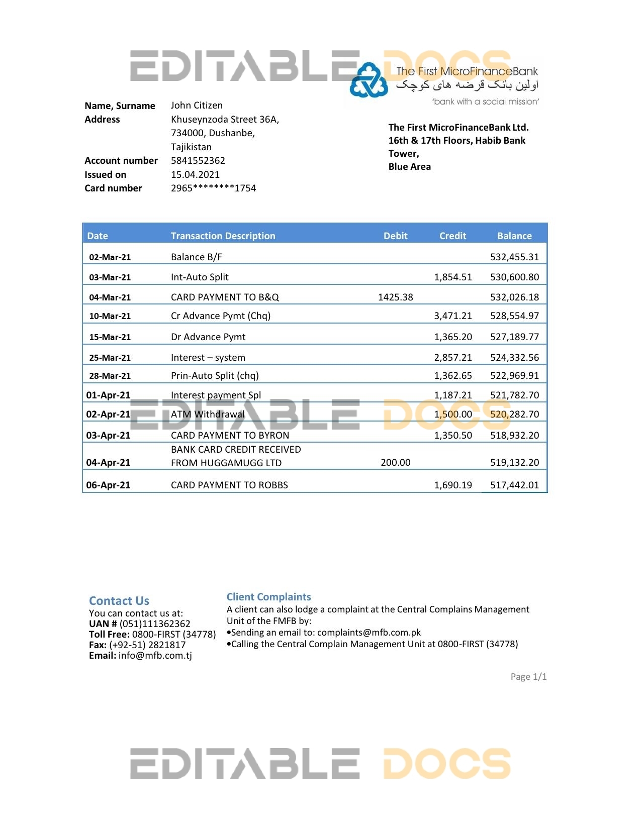 Tajikistan The First MicroFinance (FMFB) Bank statement template in .xls and .pdf file format