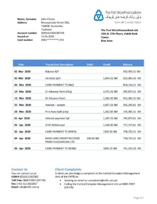 Tajikistan The First MicroFinance (FMFB) bank proof of address statement template in Word and PDF format