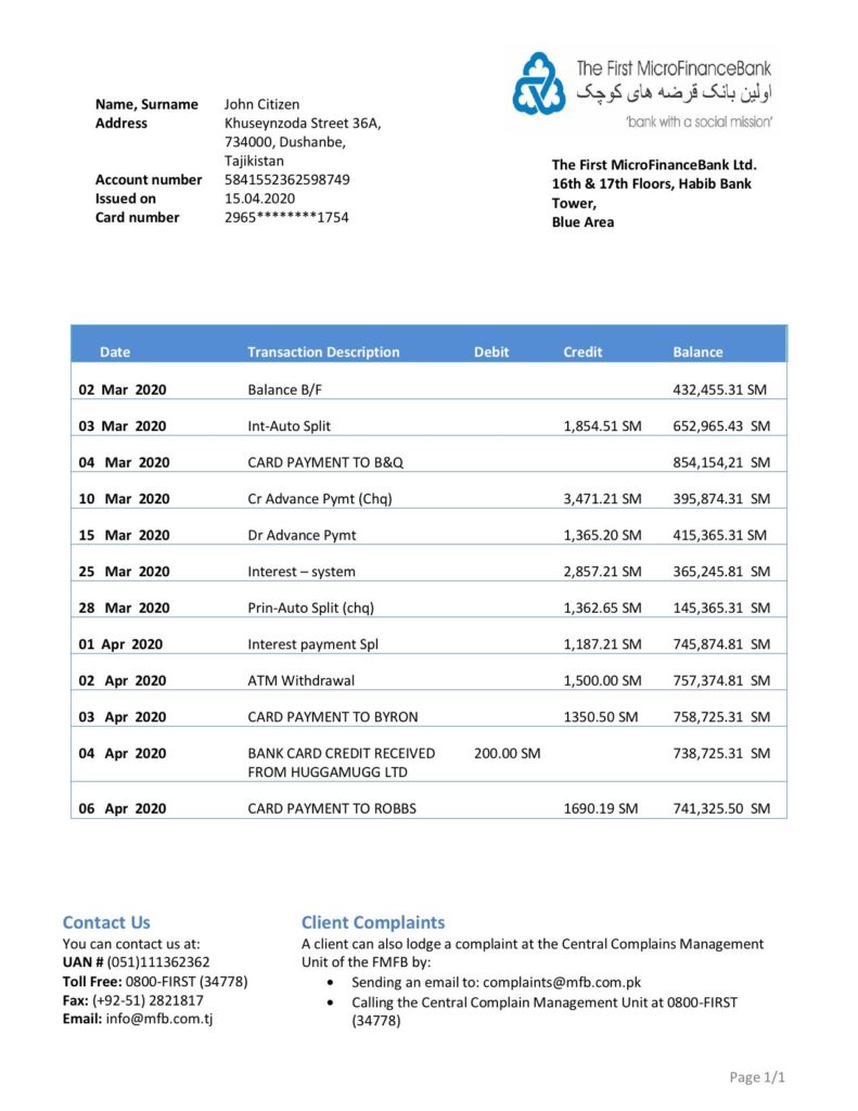 Tajikistan The First MicroFinance (FMFB) bank proof of address statement template in Word and PDF format