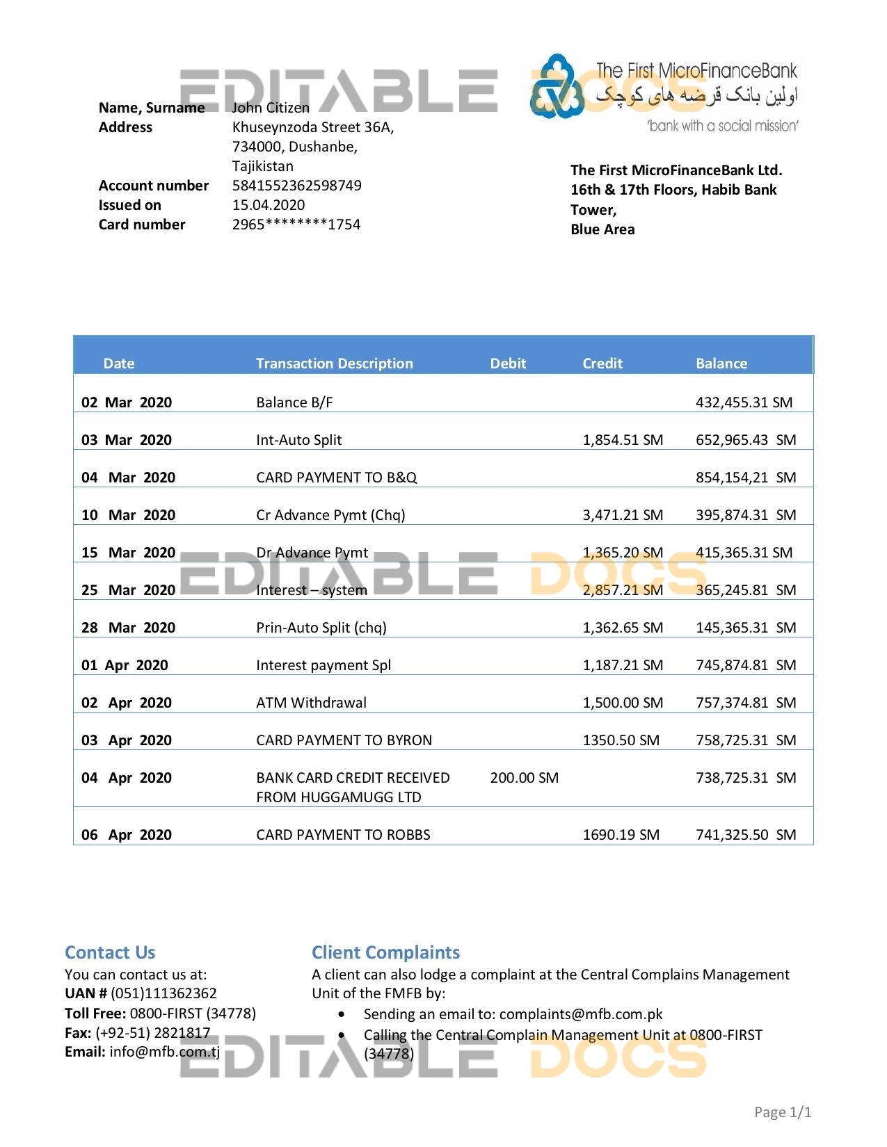 Tajikistan The First MicroFinance (FMFB) bank proof of address statement template in Word and PDF format
