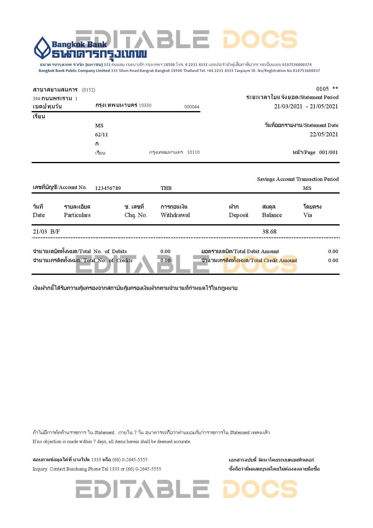 Thailand Bangkok bank account statement template in Excel and PDF format