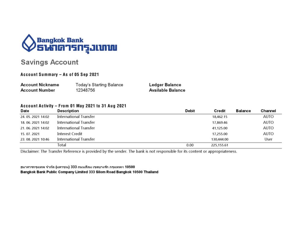 Thailand Bangkok bank statement easy to fill template in Excel and PDF format