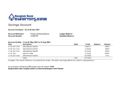 Thailand Bangkok bank statement easy to fill template in Excel and PDF format