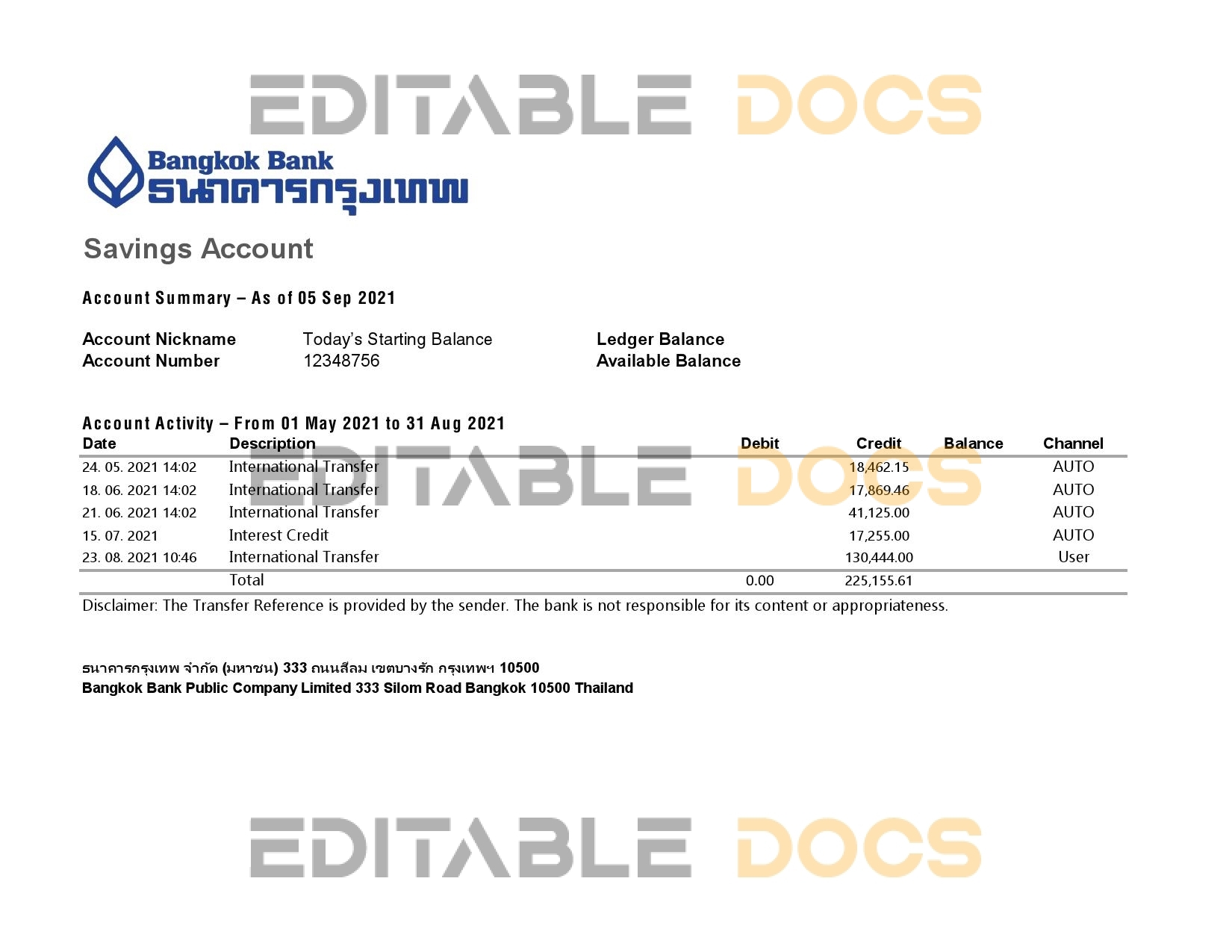Thailand Bangkok bank statement easy to fill template in Excel and PDF format