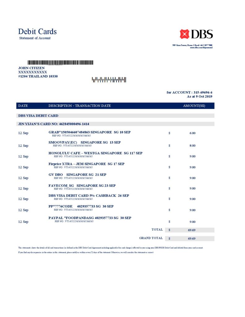 Thailand DBS bank proof of address statement template in Word and PDF format