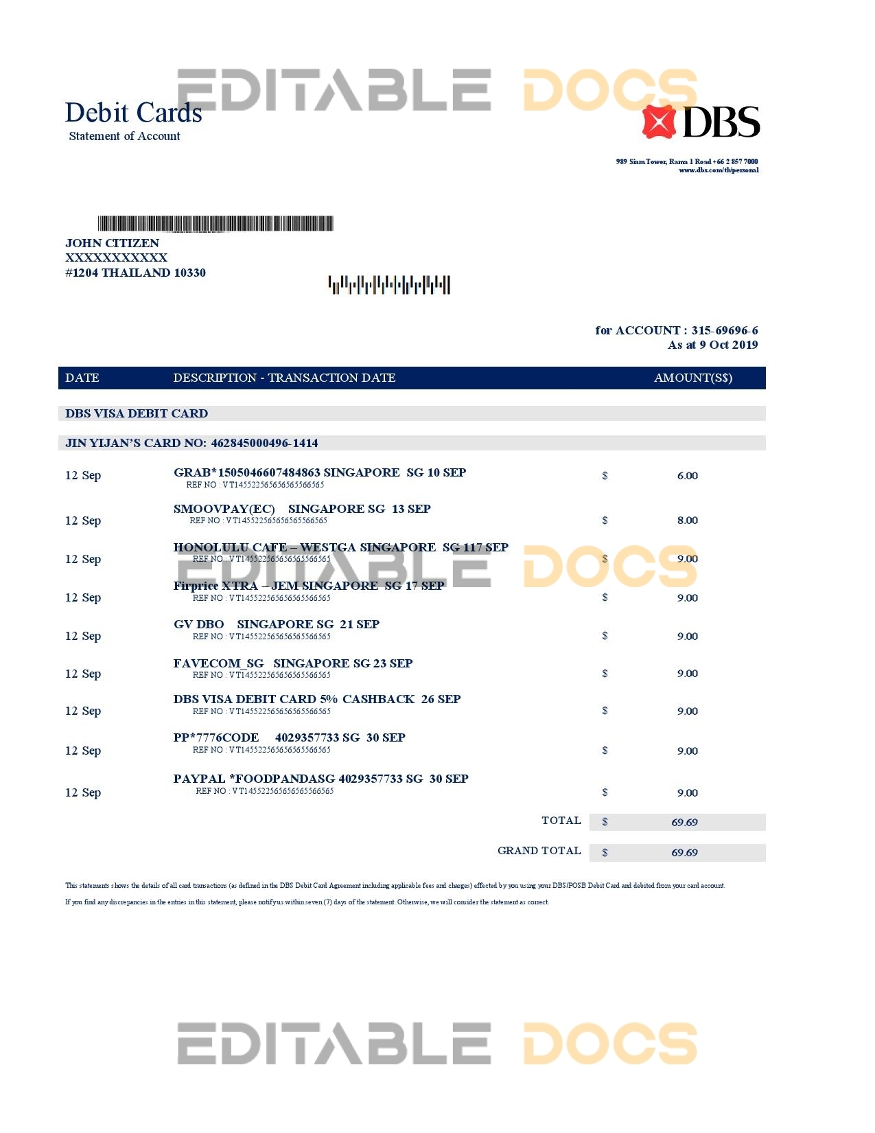 Thailand DBS bank proof of address statement template in Word and PDF format
