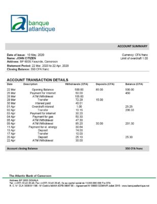 Cameroon Atlantic bank statement template in Excel and PDF format