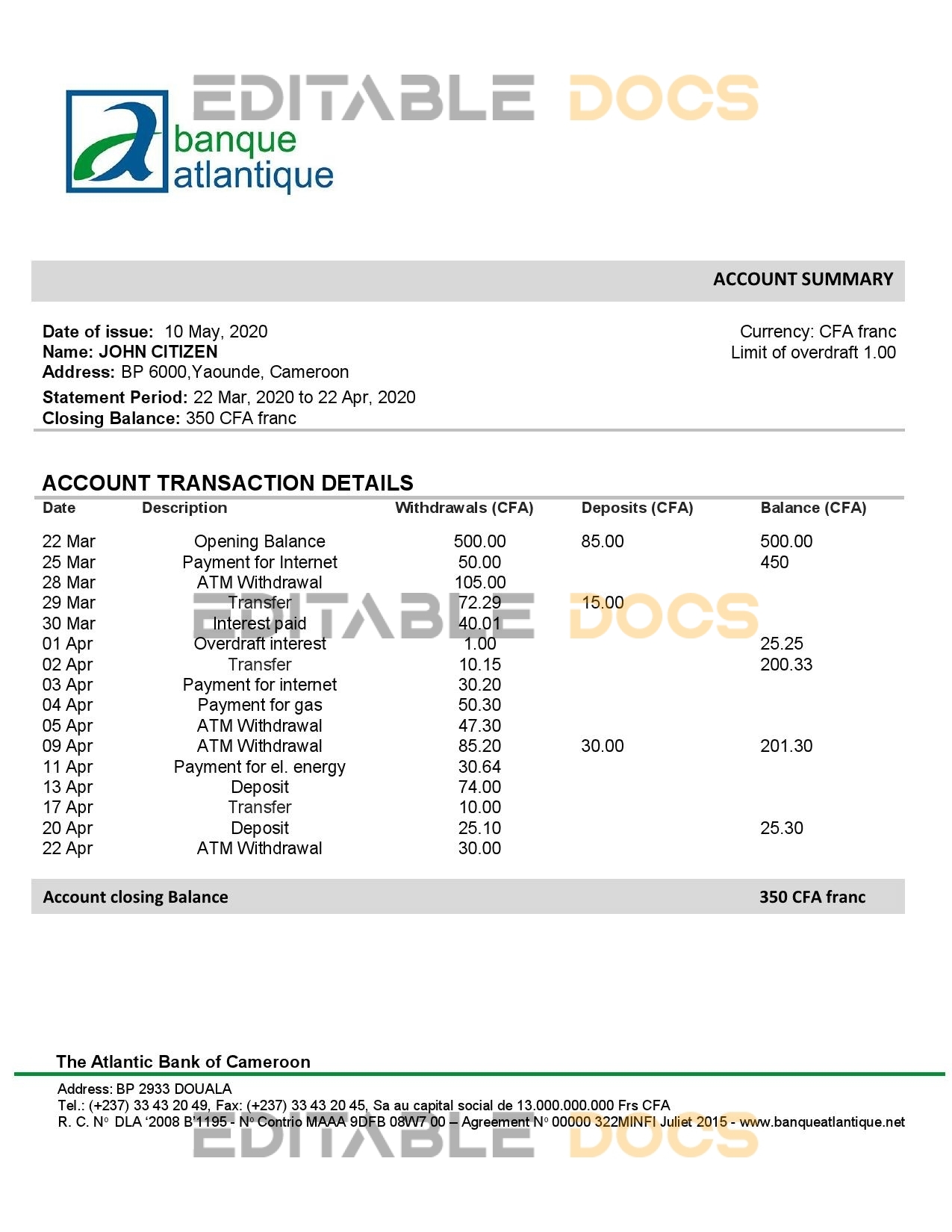 Cameroon Atlantic bank statement template in Excel and PDF format