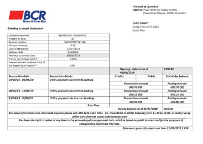 Costa Rica The Bank of Costa Rica bank statement easy to fill template in Excel and PDF format
