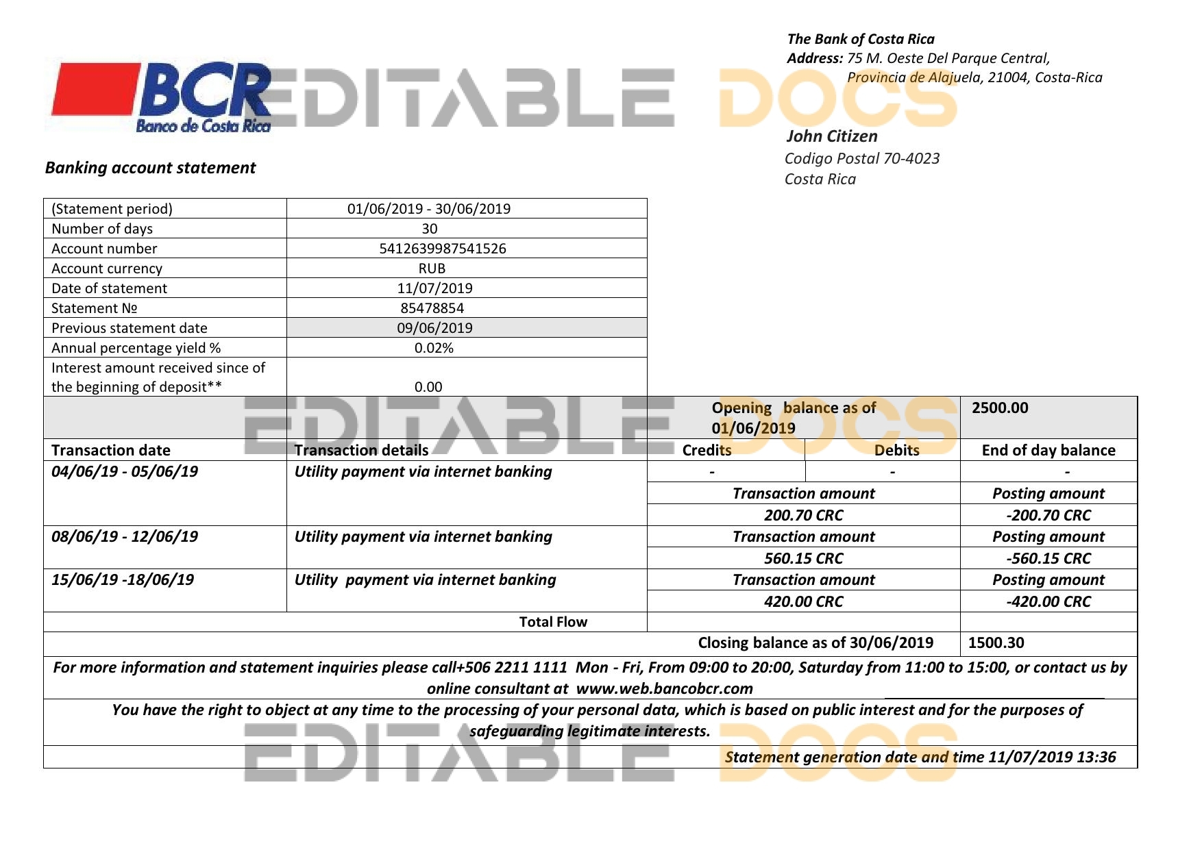Costa Rica The Bank of Costa Rica bank statement easy to fill template in Excel and PDF format