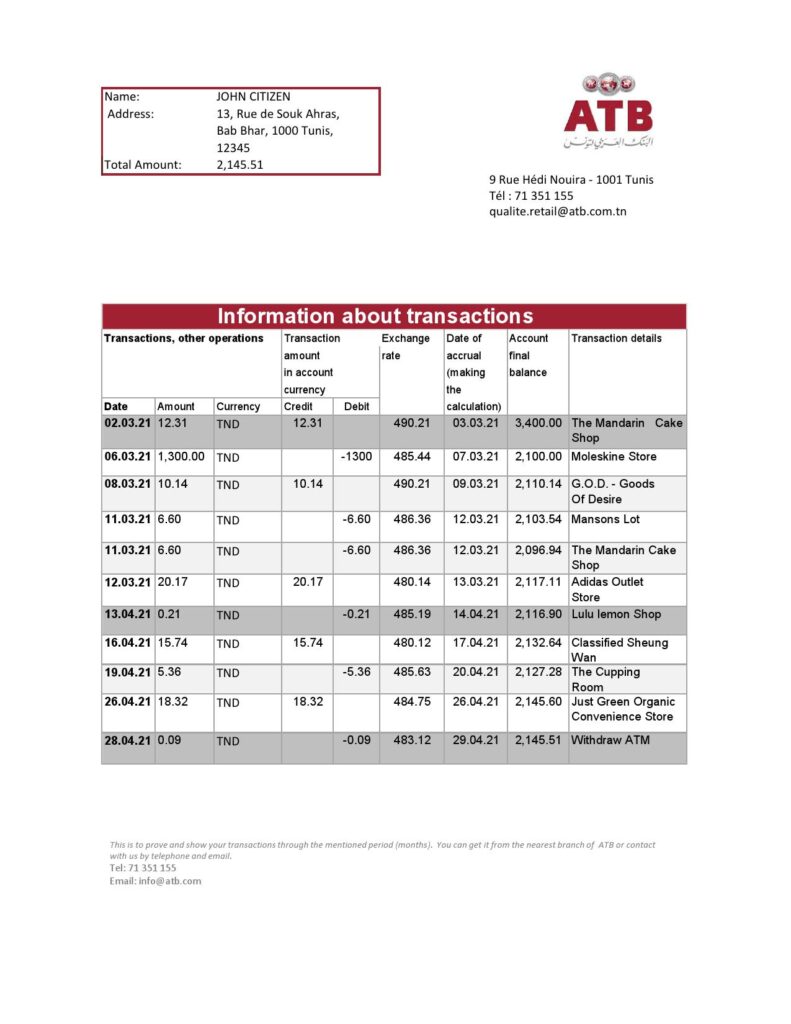 Tunisia ATB Bank statement easy to fill template in Excel and PDF format