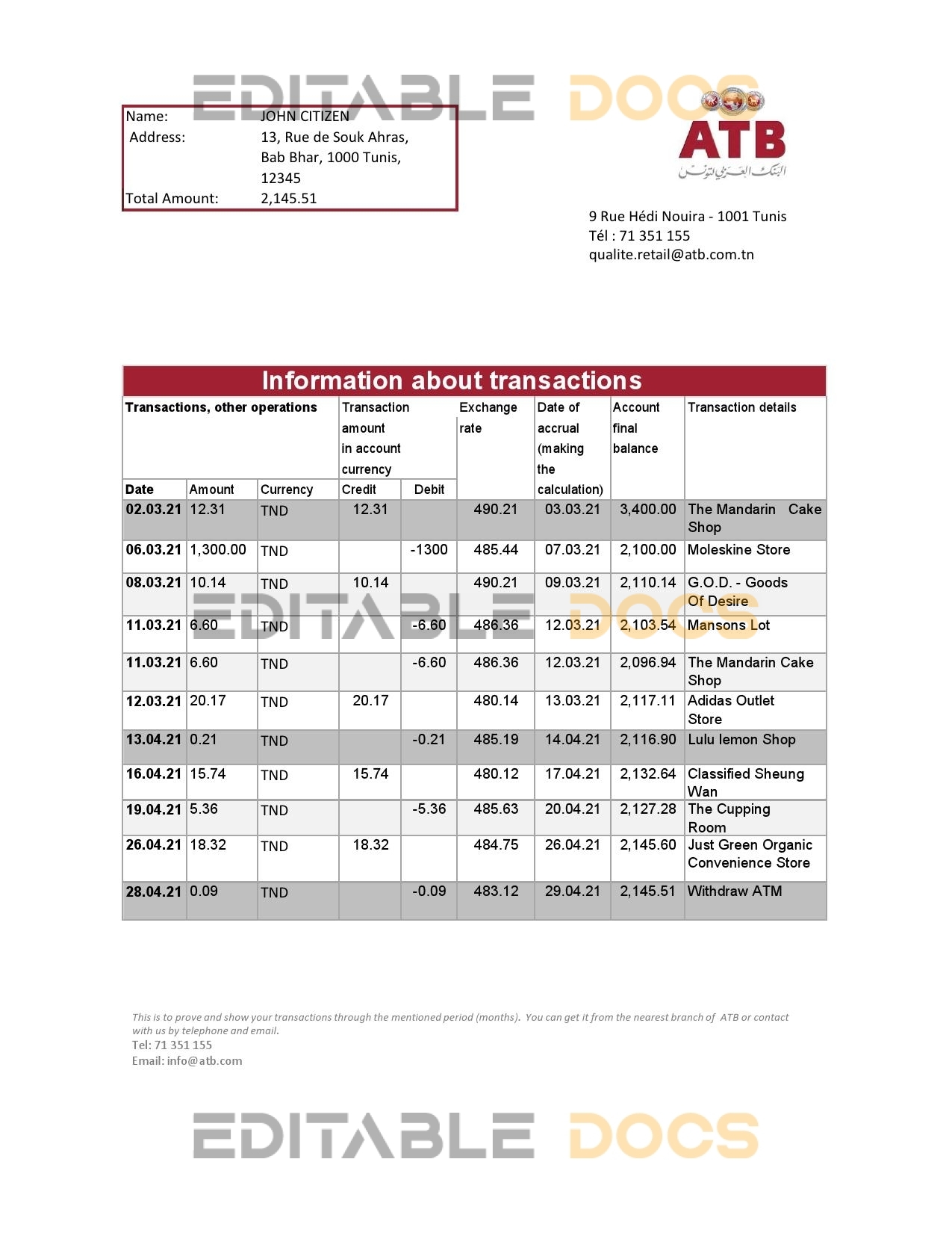 Tunisia ATB Bank statement easy to fill template in Excel and PDF format