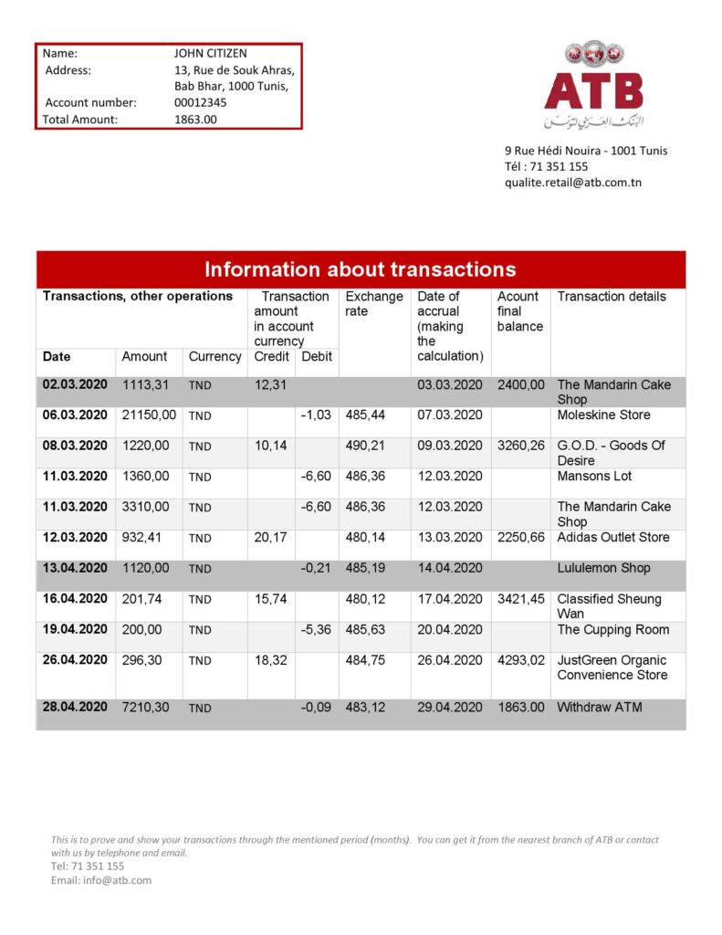 Tunisia ATB bank proof of address statement template in Word and PDF format (.doc and .pdf)