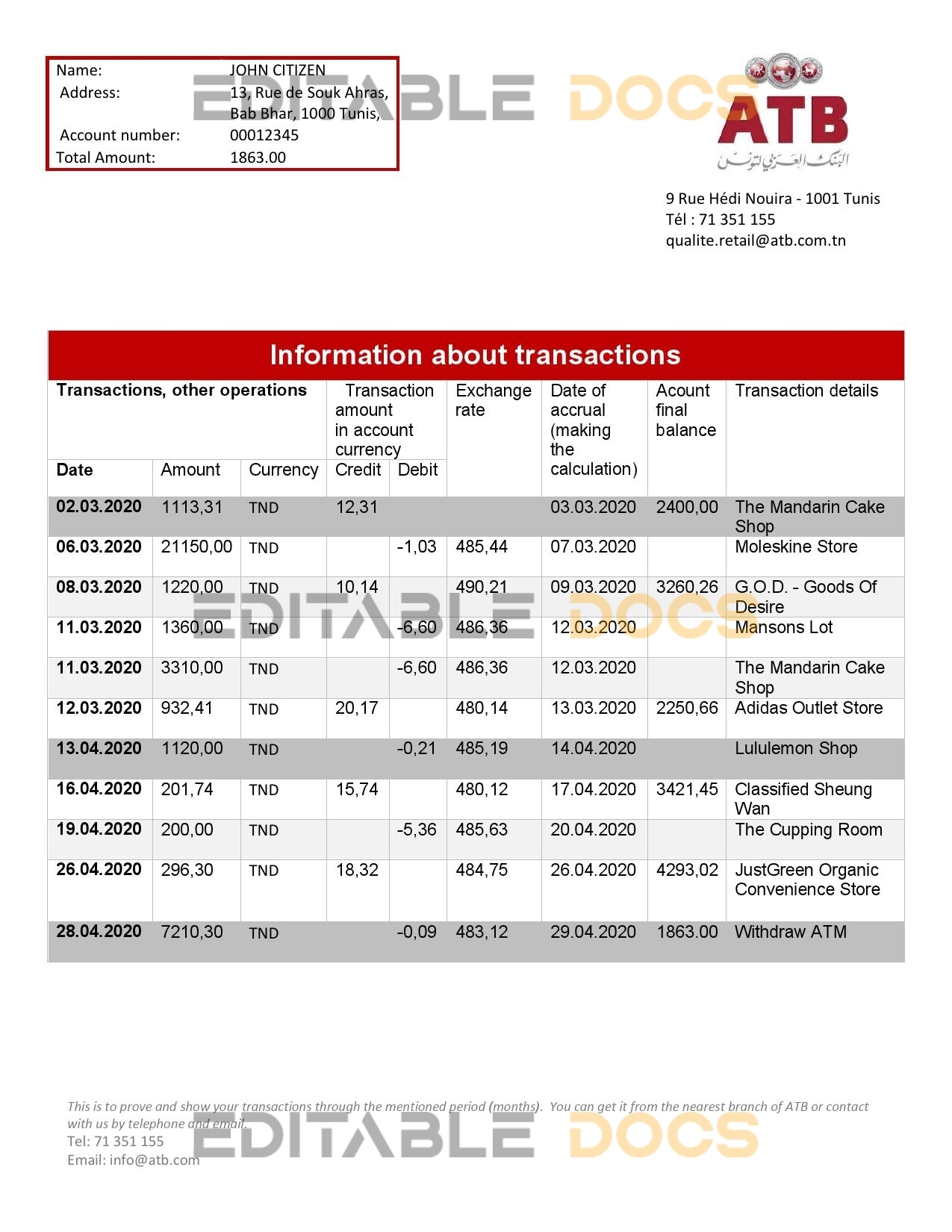 Tunisia ATB bank proof of address statement template in Word and PDF format (.doc and .pdf)