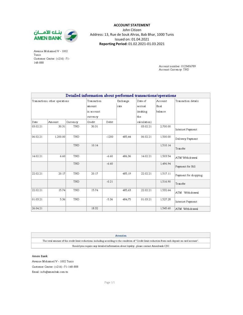 Tunisia Amen Bank statement easy to fill template in .xls and .pdf file format