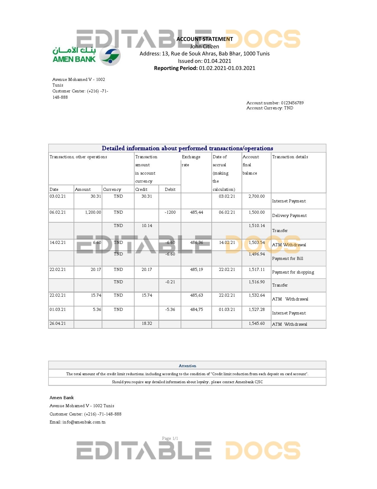 Tunisia Amen Bank statement easy to fill template in .xls and .pdf file format