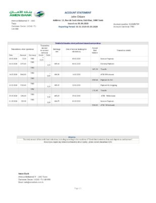 Tunisia Amen Bank statement easy to fill template in Word and PDF format
