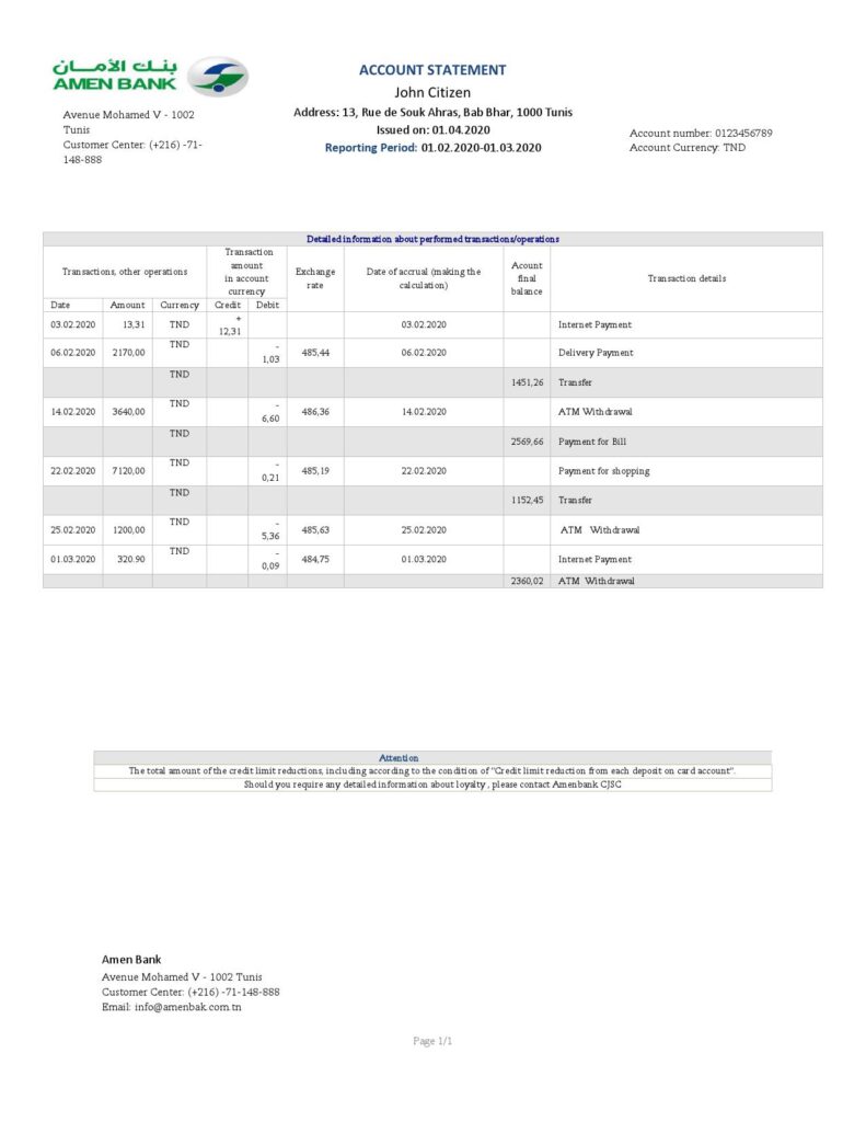Tunisia Amen Bank statement easy to fill template in Word and PDF format