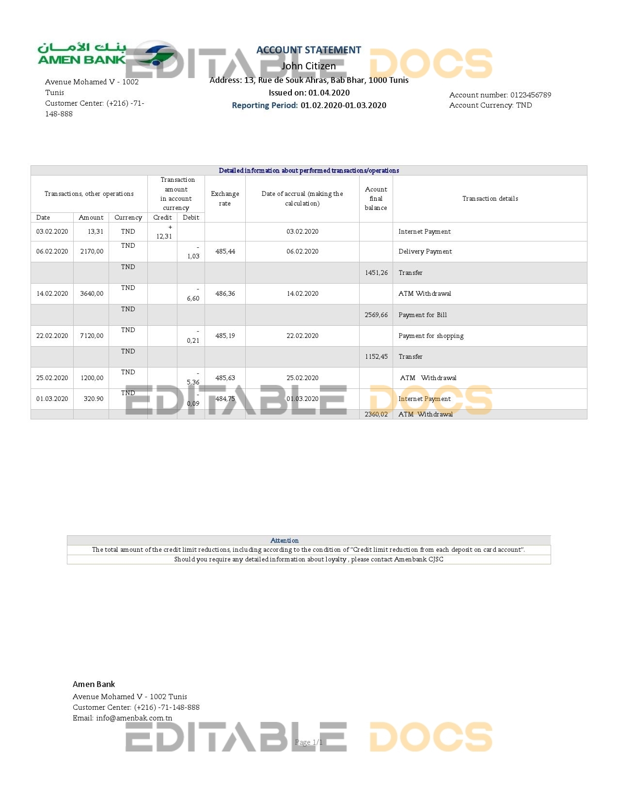 Tunisia Amen Bank statement easy to fill template in Word and PDF format