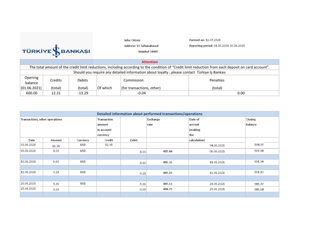Turkey Bankasi Bank statement easy to fill template in .xls and .pdf format