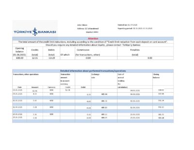 Turkey Bankasi Bank statement easy to fill template in .xls and .pdf format