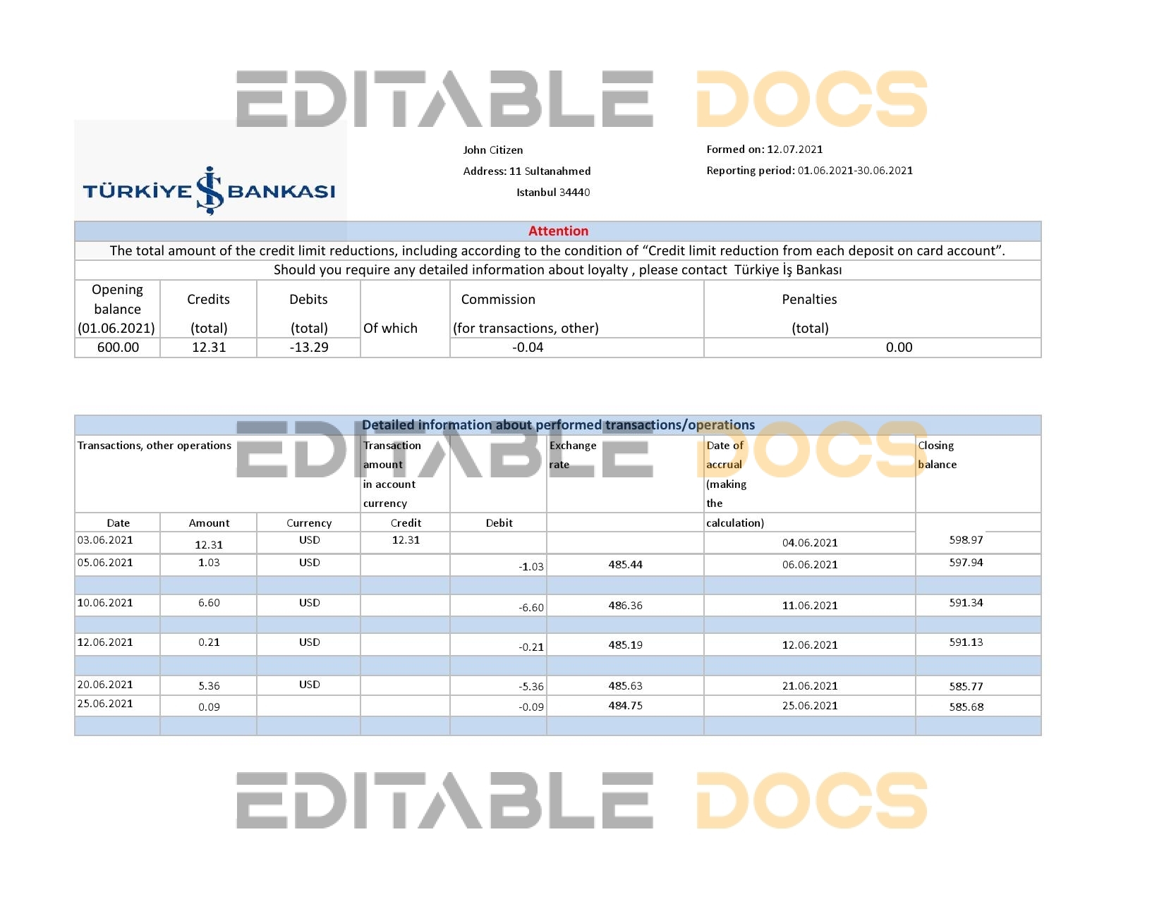Turkey Bankasi Bank statement easy to fill template in .xls and .pdf format