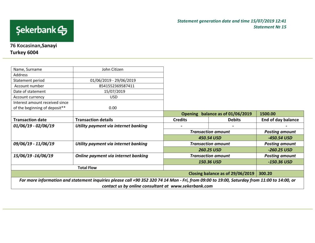 Turkey Sekerbank bank statement template in .doc and .pdf format, fully editable