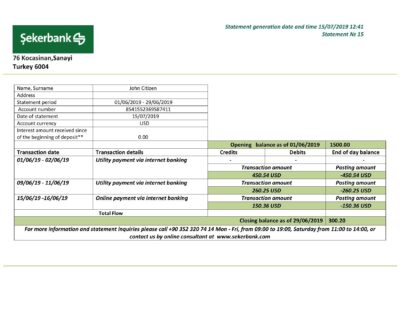 Turkey Sekerbank bank statement template in .doc and .pdf format, fully editable